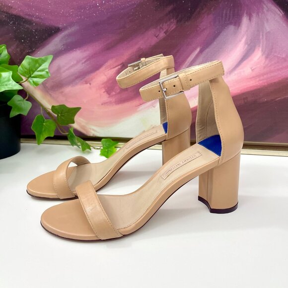 Stuart Weitzman 75 LessNudist Leather Ankle Strap Block Heel Sandals in Beige‎ 6 - Picture 11 of 13